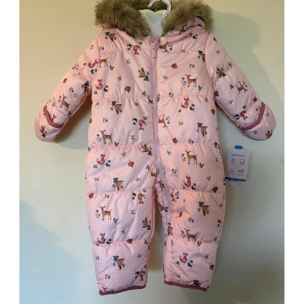 Carter's Baby Girls Pink Woodland Animal Puffer Pram Suit Snowsuit 6M NWT